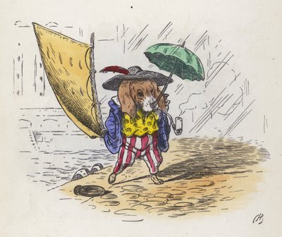 Litte Jack Tar: cão usando a sua cauda para uma vela e o seu nariz para um guarda-chuva (gravura colorida) de Charles Henry (after) Bennett