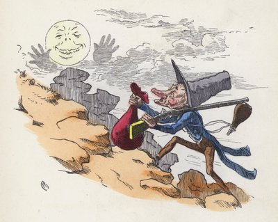 Homem escalando uma colina para atirar na Lua (gravura colorida) de Charles Henry (after) Bennett