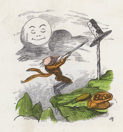 Homem atirando em seu chapéu com frustração por não conseguir acertar a Lua (gravura colorida) de Charles Henry (after) Bennett