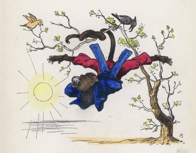 Macaco pendurado em uma árvore pela cauda (gravação colorida) de Charles Henry (after) Bennett