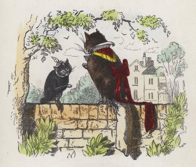 Dois gatos na parede de um jardim (gravação colorida) de Charles Henry (after) Bennett