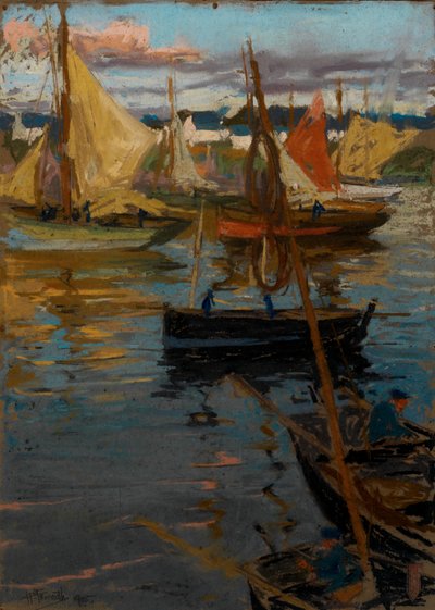 Um brilho vespertino com um rastro de rosas na sombra (Barcos Concarneau) de Charles Henry Fromuth