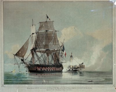 Ação entre o HMS "Leander" e o francês "Le Genereux" 18 de agosto de 1798 (litografia a cores) de Charles Henry Seaforth