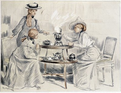 Senhoras tomando chá ao redor de um pequeno samovar - desenho de Henri Tenré, ca. 1910 de Charles Henry Tenre
