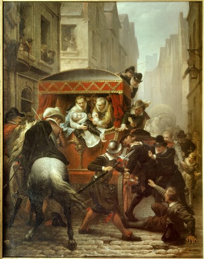 Morte de Henrique IV: "Assassinato de Henrique IV Rei de França e prisão de Ravaillac" Assassinato do Rei Henrique IV (1553-1610) e prisão de François Ravaillac (1578-1610) em 14/05/1610 na rue de la Ferronnerie em Paris. Pintura de Charles Gustave Ho de Charles Housez