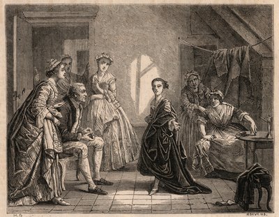 A infância de Mademoiselle Clairon: a jovem Claire-Josephe (Claire Josephe) Leris (1723-1803) recita os versos da peça que ela acaba de ver. Ela se tornou comediante sob o nome "Mademoiselle Clairon" ou "La Clairon". Gravura de 1862 do painti de Charles Housez