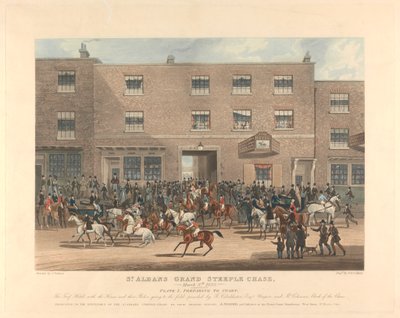 Perseguição em torre [conjunto de seis]: Caça às torres de St. Albans Grand Steeple Chase. / 8 de Março de 1832. Prato 1. Preparar para começar ... de Charles Hunt