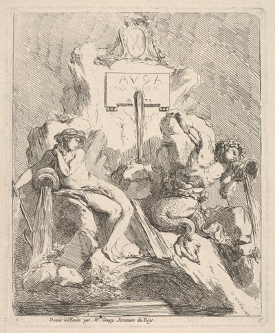 Projeto para uma fonte com uma ninfa sentada à esquerda e tritão segurando uma concha na boca ..., 1768. de Charles Hutin