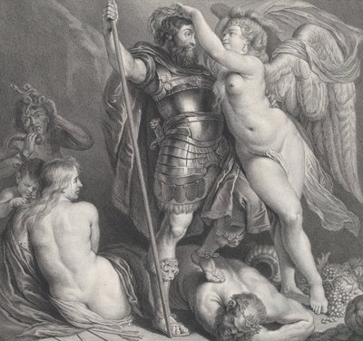 Herói coroado por Vitória, que coloca uma coroa de louros na cabeça, Vênus e Cupido em..., ca. 1735-61. de Charles Hutin
