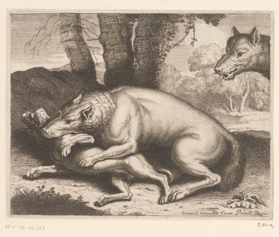Cão atacado por um lobo Série Animal (título da série) de Charles II Errard (attributed to)