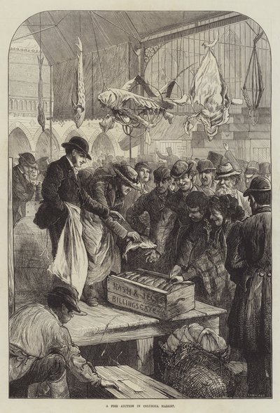 Um Leilão de Peixe no Mercado Columbia (gravura) de Charles J. (after) Staniland