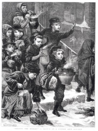 Alimentando os famintos, uma cozinha de sopa de Londres, 1880 de Charles J. Staniland