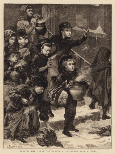 Alimentando os famintos, um esboço em uma cozinha de sopa de Londres de Charles J. Staniland