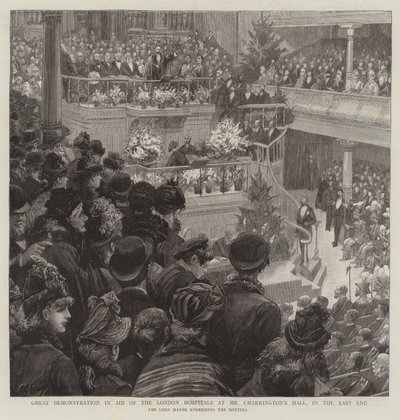 Grande demonstração na ajuda dos hospitais de Londres na sala do Sr. Charrington, no East End de Charles J. Staniland