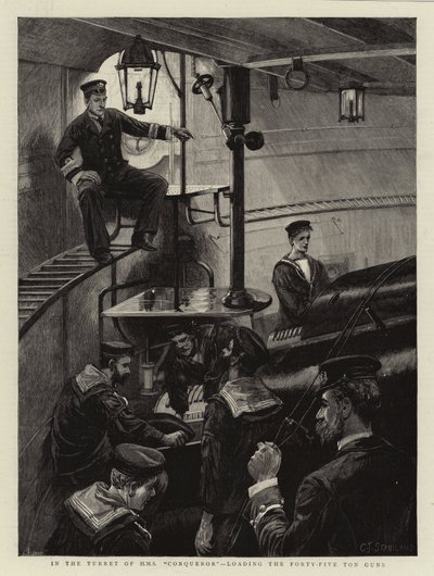 Na torre do HMS Conqueror, carregando as armas de quarenta e cinco toneladas de Charles J. Staniland