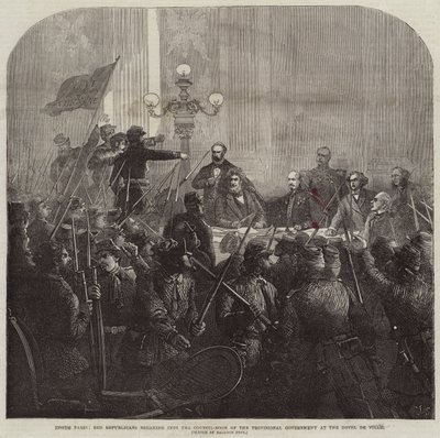 Dentro de Paris, Republicanos Vermelhos invadindo a Sala do Conselho do Governo Provisório no Hotel De Ville de Charles J. Staniland