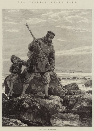 Nossas indústrias pesqueiras, pesca com camarão em Hastings de Charles J. Staniland