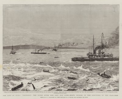A perda de HMS Victoria, a cena depois que o navio afundou, barcos pegando os sobreviventes do navio-bandeira de Charles J. Staniland
