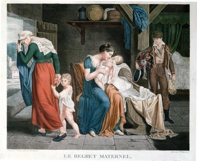 A morte do bebê colocado sob os cuidados de uma enfermeira, gravada por Delegorgue (gravura a cores) de Charles Jacques Lebel