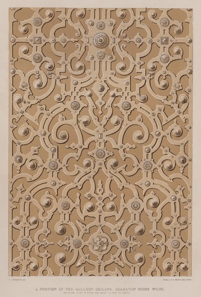 Uma porção do teto da galeria, Charlton House, Wilts, o teto tem 17 pés de largura e cerca de 115 pés de comprimento (cor litho) de Charles James Richardson