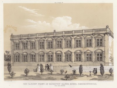 A frente do jardim do Brympton Manor House, Somersetshire, Inigo Jones, arquitecto (cor litho) de Charles James Richardson
