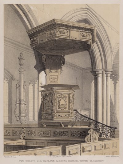 O púlpito, All Hallows Barking Church, Tower Street, Londres (cor litho) de Charles James Richardson