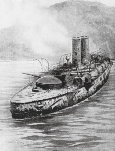 O cruzador blindado espanhol Oquendo após o combate naval de 1898 (litografia) de Charles John de (after) Lacy
