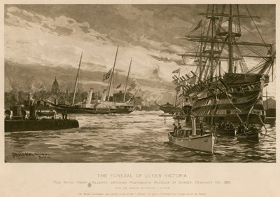 O funeral da Rainha Vitória. O Royal Yacht Alberta, carregando o corpo da rainha, entrando no porto de Portsmouth ao pôr-do-sol. de Charles John de (after) Lacy