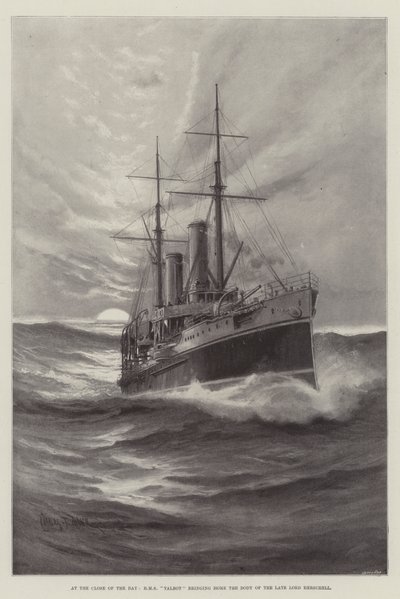 No final do dia, HMS Talbot trazendo para casa o corpo do falecido Lord Herschell de Charles John de Lacy