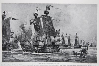 A Batalha de Sluys, 24 de junho de 1340, ilustração da "Hutchinson&39;s Story ofthe British Nation", c.1923 de Charles John de Lacy
