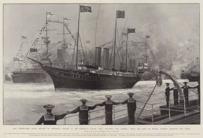 The Coronation Naval Review, em Spithead, 16 de agosto, o Yacht de Sua Majestade, o Victoria e Albert, com o rei a bordo, passando pelas linhas de Charles John de Lacy