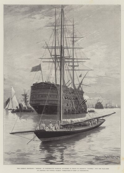 O Meteoro do Imperador Alemão no Porto de Portsmouth, ancorado em frente à Vitória de Nelson, agora o Navio-bandeira do Almirante Sir Nowell Salmon, Comandante em Chefe em Portsmouth de Charles John de Lacy