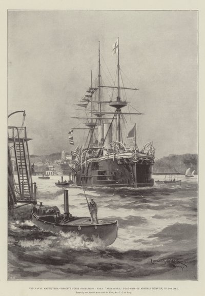 As manobras navais, operações de reserva de frota, HMS Alexandra, navio-bandeira do almirante Domvile, em Tor Bay de Charles John de Lacy