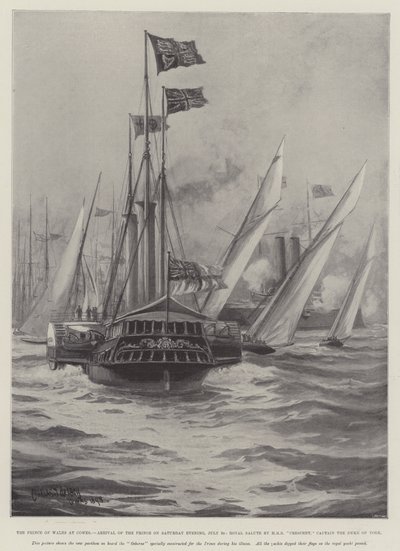O Príncipe de Gales em Cowes, a chegada do Príncipe na noite de sábado, 30 de julho, Royal Salute por HMS Crescent, o capitão do Duque de York de Charles John de Lacy