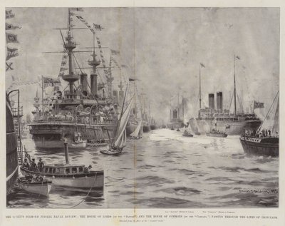 Revisão Naval do Jubileu de Diamante da Rainha, a Câmara dos Lordes (no Danúbio) e a Câmara dos Comuns (na Campânia) passando pelas Linhas de Cavaletes de Ferro de Charles John de Lacy