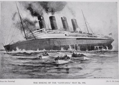 O naufrágio da Lusitânia, 7 de maio de 1915, ilustração da "Hutchinson&39;s Story ofthe British Nation", c.1920 de Charles John de Lacy