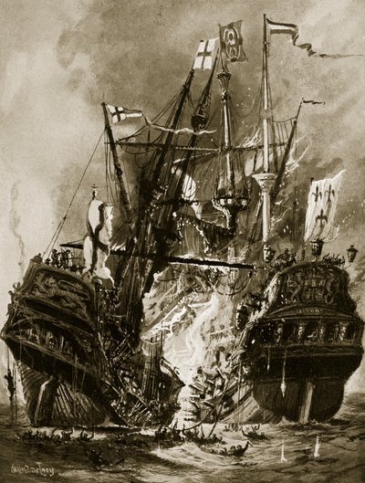 A queima da ilustração "Regent", de 1512, da "História da nação britânica" de Hutchinson, c.1923 de Charles John de Lacy