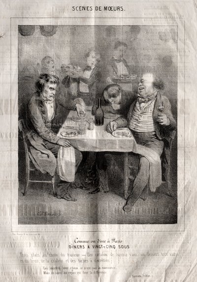 Cenas de boas maneiras: Curta ou jante em Paris. Jantares a vinte e cinco soldos. Três pratos escolhidos pelo fornecedor de Charles Joseph Traviès de Villers