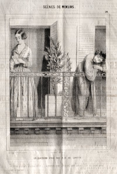 Cenas de costumes: Um quarto andar, rue N. D. de Lorette. Acho que ela está lendo minha carta... a menos que seja outra. Ela tinha nove no porteiro de Charles Joseph Traviès de Villers