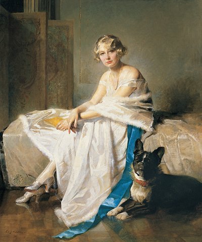 Uma senhora elegante com o seu bulldog francês num interior, c.1925 (óleo sobre tela) de Charles Joseph Watelet