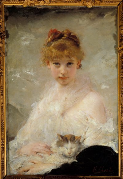 Menina com pintura de gato de Charles Chaplin (1825-1891) Compiegne do século XIX, Museu Nacional do Castelo de Charles Joshua Chaplin