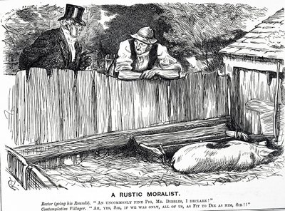 Cartoon intitulado "A Rustic Moralist", representando um reitor, um aldeão e um porco invulgarmente belo de Charles Keene