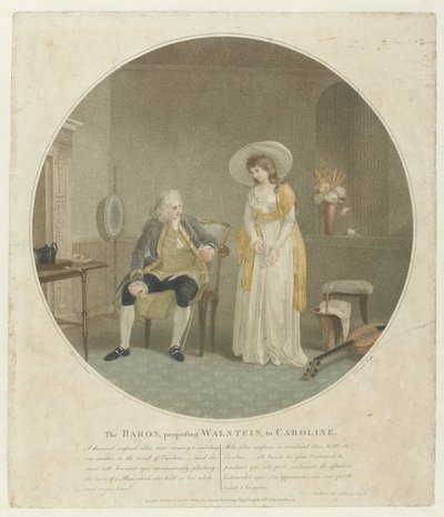 Mulher com uma rosa branca e um homem numa cadeira
O Barão, propondo Walstein, à Caroline (título sobre o objecto) de Charles Knight