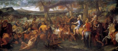 Alexander e Porus. Em 327 AC, Alexandre o Grande continuou a sua conquista para o Vale do Indo. Em 326 AC, ele derrotou Puru (ou Poros, rei da tribo Paurava no século IV AC) e seu exército de elefantes de guerra na Batalha de Hydaspe. Pintura por de Charles Le Brun