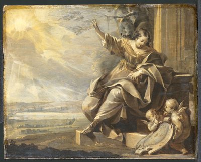 Alemão: Figura feminina sentada com dois putti e paisagem fluvial, grisaille Figura feminina alegórica com dois putti de Charles Le Brun