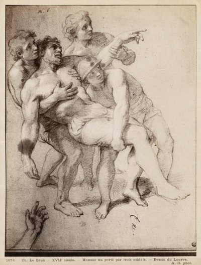 Homem seminu apoiado por três homens, estuda para &39;Alexandre, o Grande&39; e &39;Porus&39; ou &39;A Derrota de Porus&39;, c. 1665-73 (pierre noire e reflexos de giz branco sobre papel bege) de Charles Le Brun