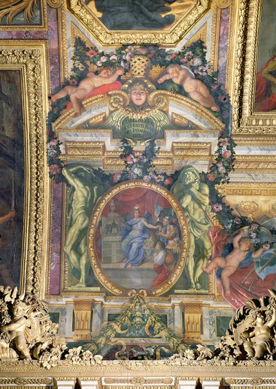 A Fundação do Hotel Royal des Invalides em 1674, pintura de teto da Galerie des Glaces de Charles Le Brun