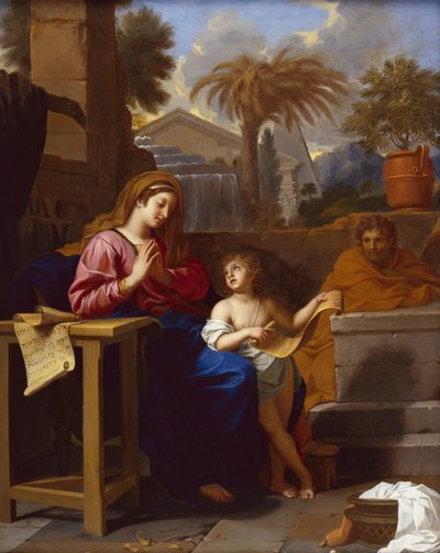 A Sagrada Família no Egito com o Menino Jesus Lendo uma Escrita Hebraica (óleo sobre tela) de Charles Le Brun