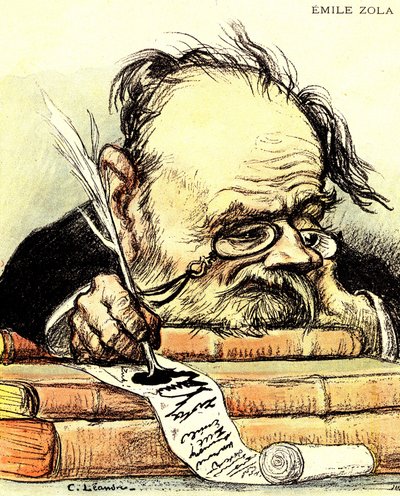 Caricatura de Émile Zola (1840-1902) escrevendo, visivelmente sem inspiração - Ilustração de Charles Leandre em "O Rire" de Charles Leandre