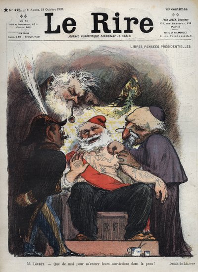 Emile Loubet - Pensão Presidencial Grátis - Sr. Loubet - É difícil meter as suas convicções na minha pele! - (Charles Leandre (1862-1934) ridiculariza o estado, a igreja e o exército à cabeceira do Presidente LOUBET, coberto de sinais macónicos e outros) c de Charles Leandre